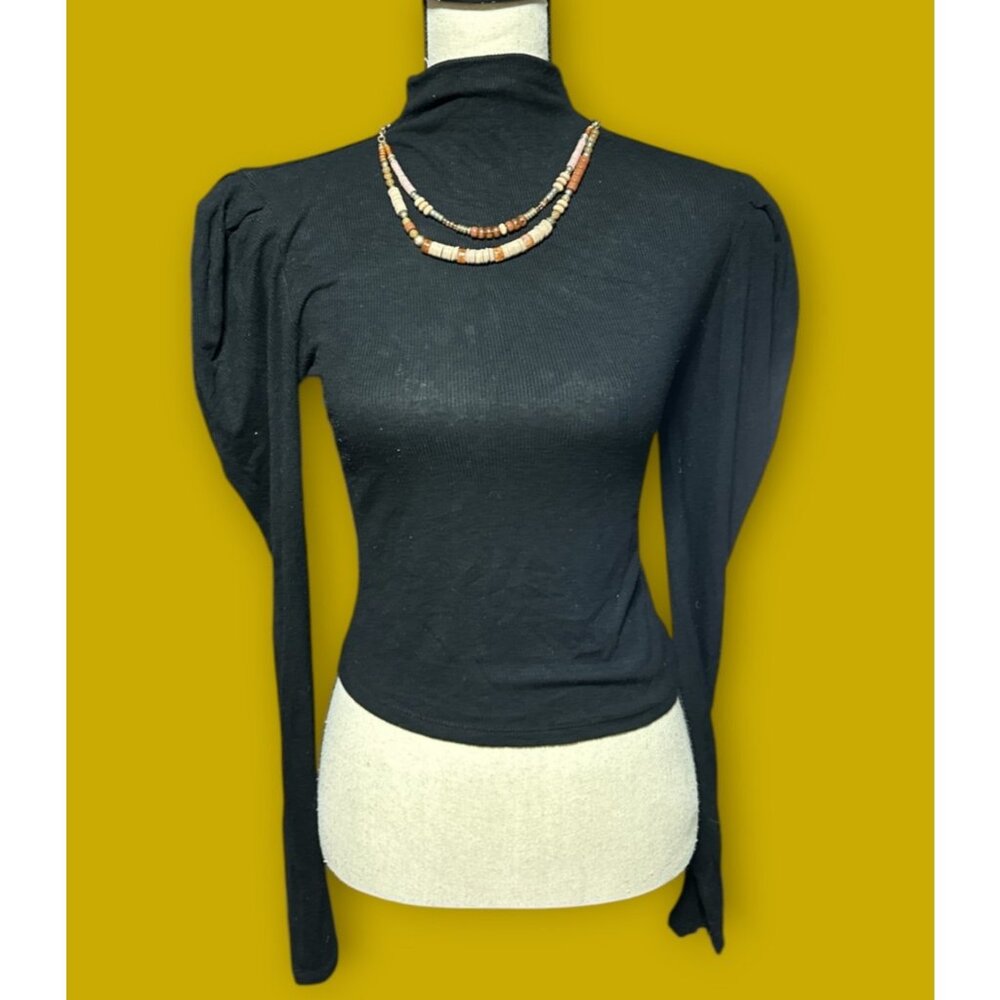 Shinestar Womens Sz M Black Top Puffed Sleeve Stretch Minimalist Dark Academia